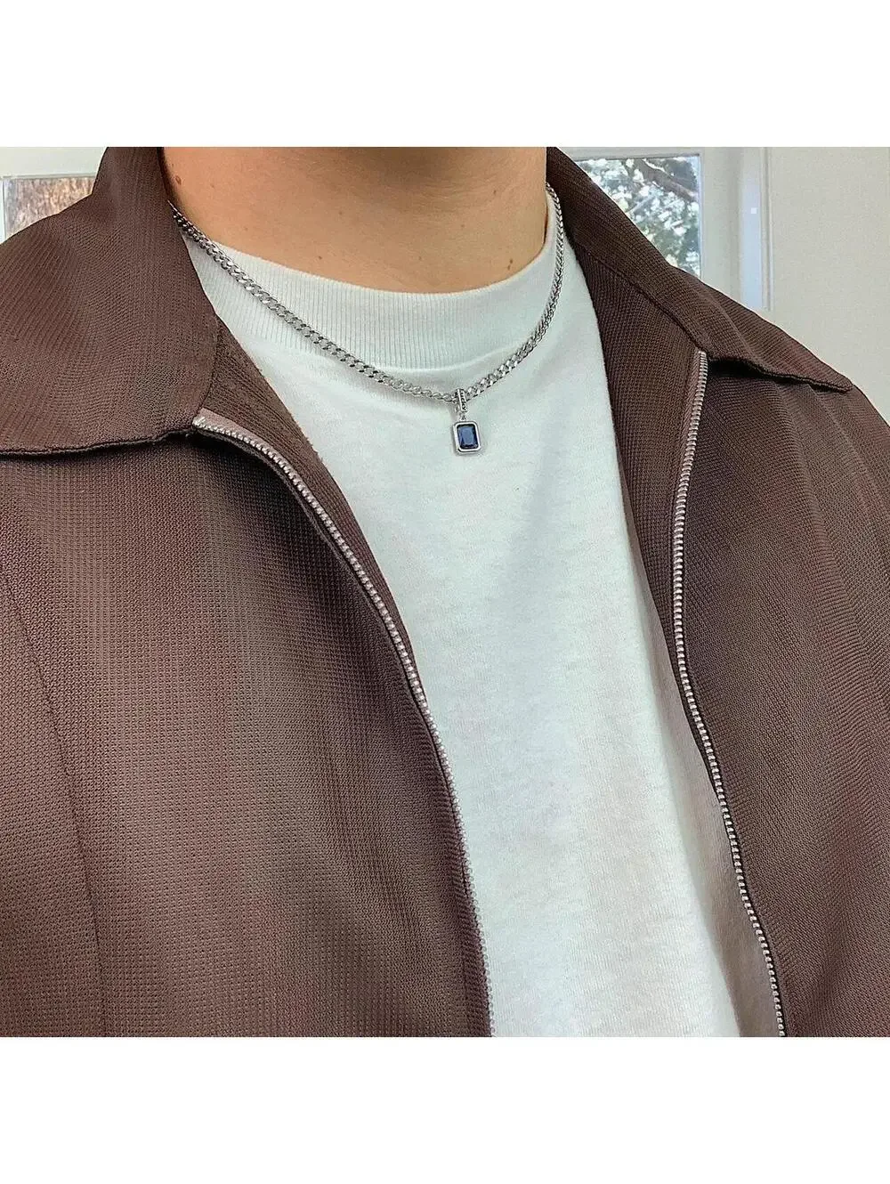 Sterling silver blue jewel pendant Cuban link choker necklace. Chain is unisex.